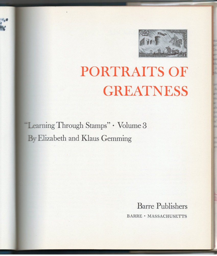 stamp book PORTRAITS OF GREATNESS Learning Through Stamps Elizabeth Gemming 1969