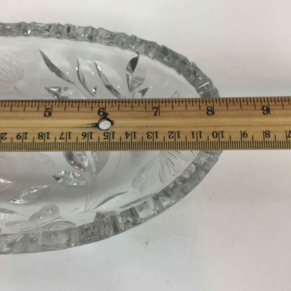 Cut Etched Crystal Oval Bowl Flower Leaf Butterfly Bird Pattern