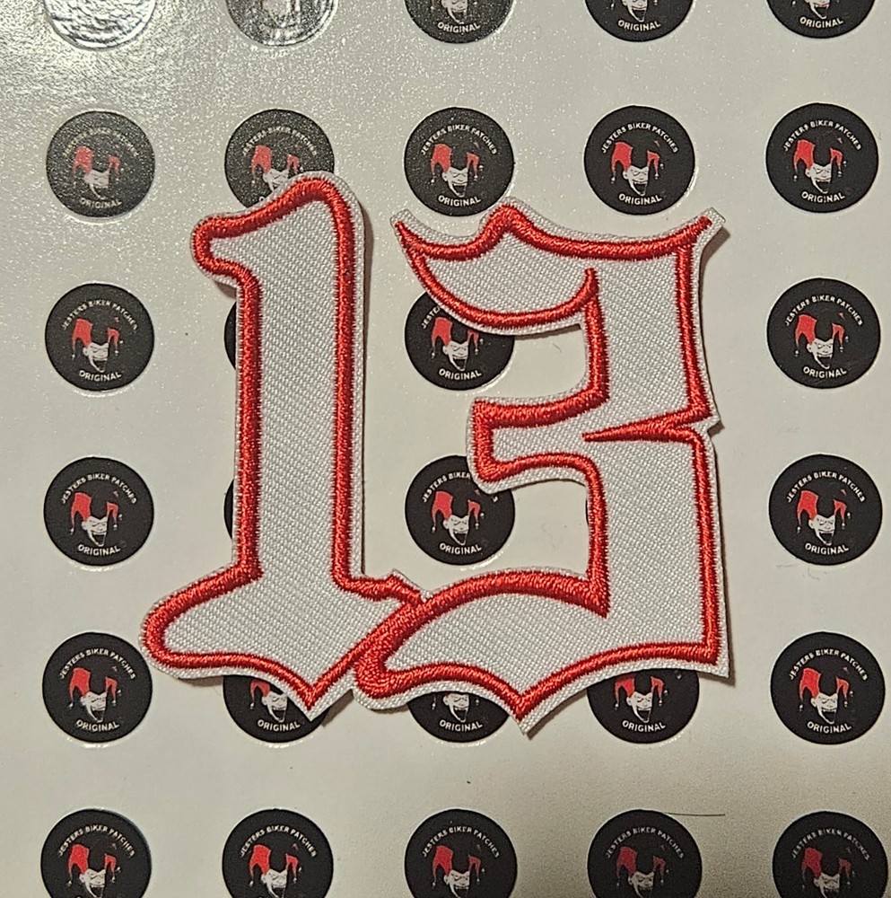 Number 13 Red on White # 13 Patch Motorcycle Patch Biker Patch