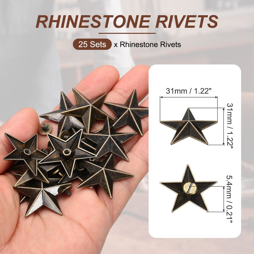 31mm Star Rivets, 25 Sets Leather Rivets Rapid Studs Rivet, Bronze Tone