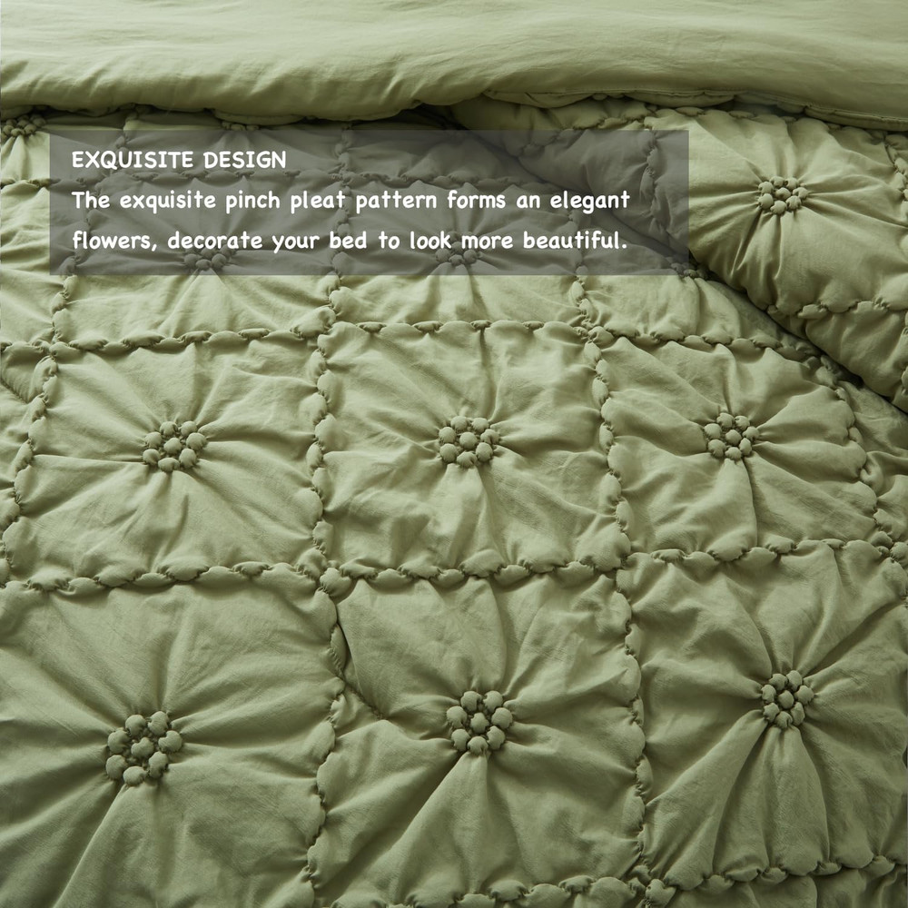Queen Size Comforter Set 3PCS Bed Boho Down-Alternative Bedding Sage Green 90x88