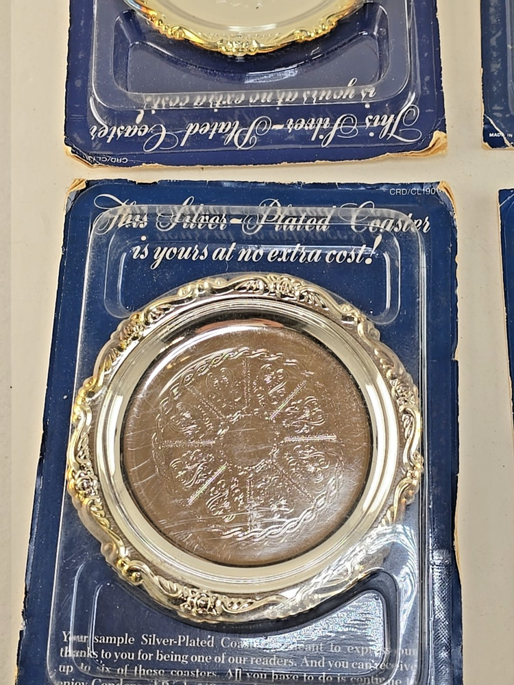 4X SILVER-PLATED 4" COASTERS VINTAGE