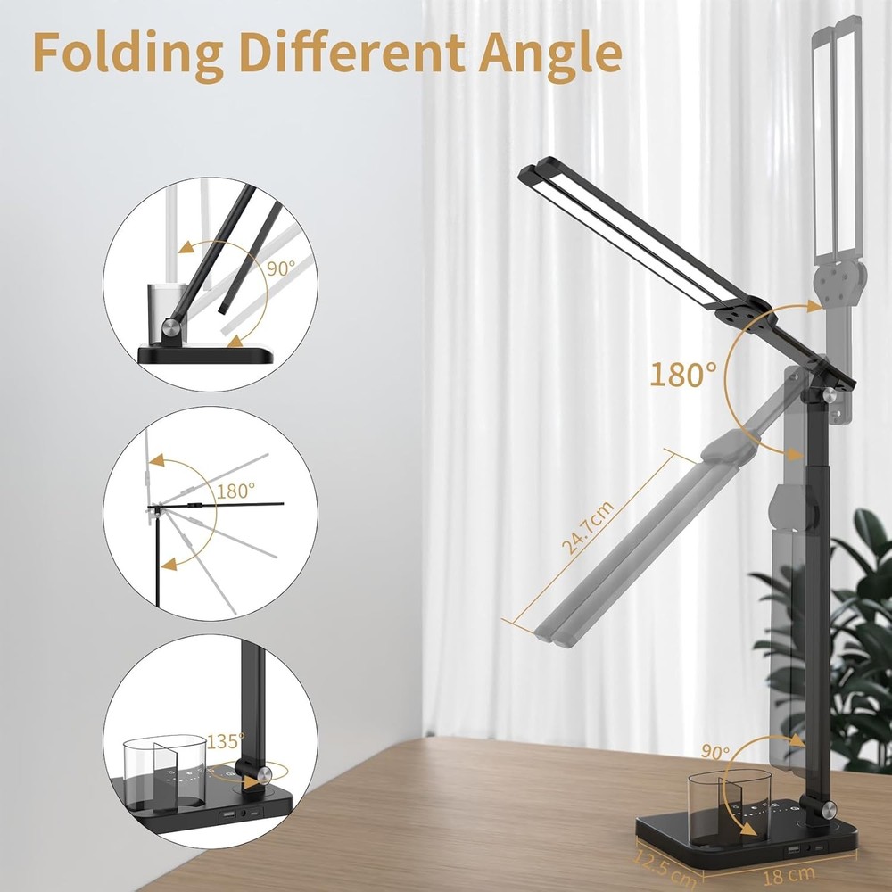 LED Desk Lamp with Dual Heads, Height Adjustable for Reading, Work, Study