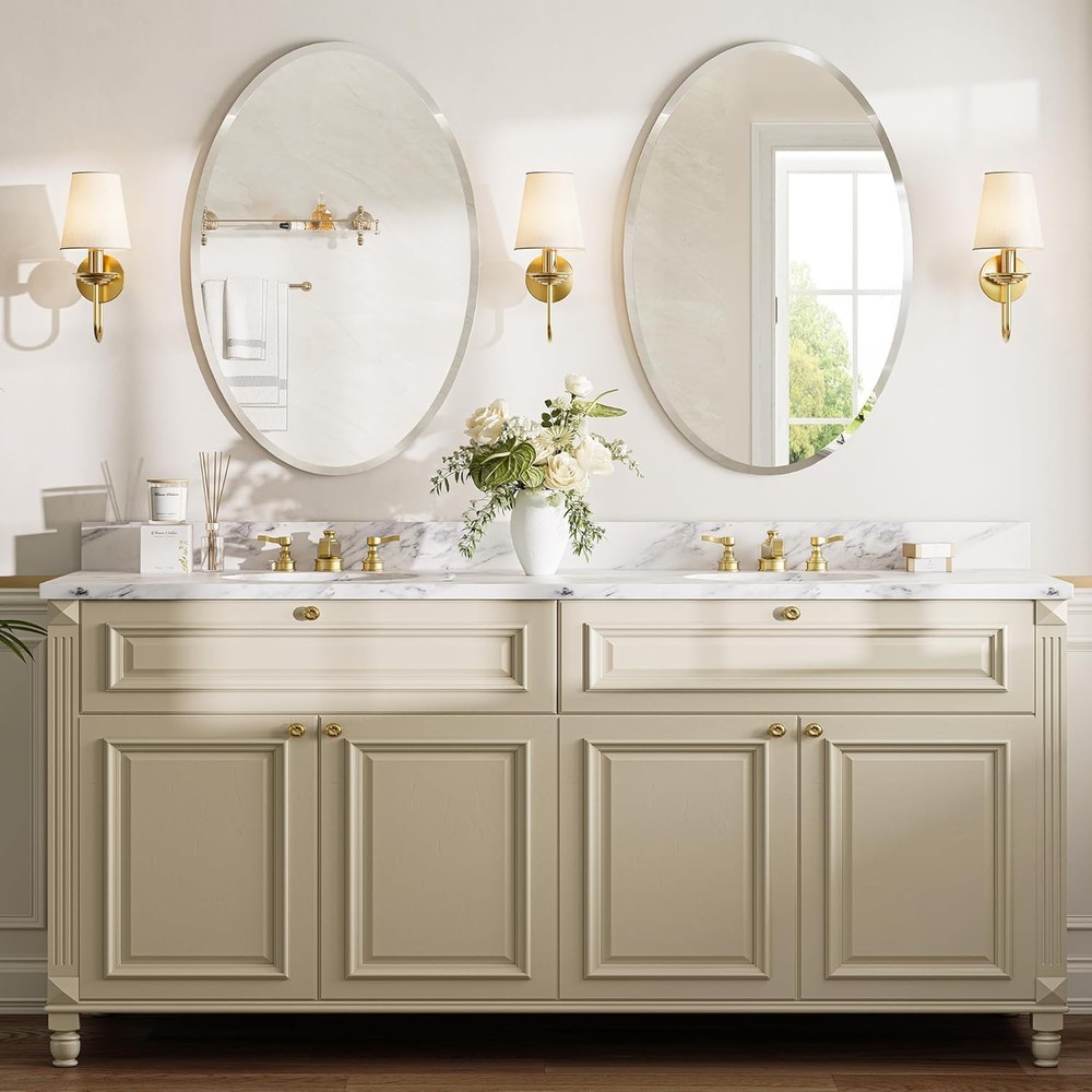 Frameless Oval Mirror 28x20" – Back Panel Support Ideal for Bathroom Over Vanity