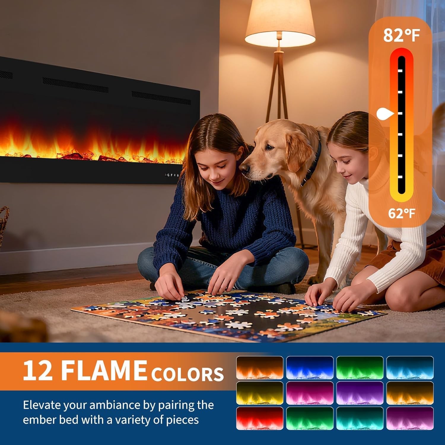 72 Inch Wall Mounted Electric Fireplace,12 Adjustable Flame Colors,1500w/750w