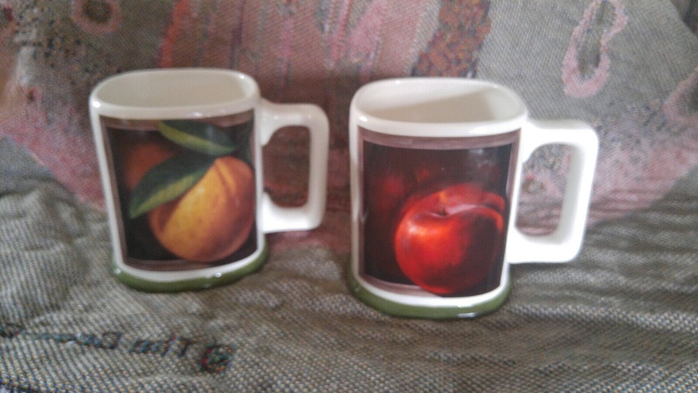 2 Square Rim Coffee Cups mugsApple and orange