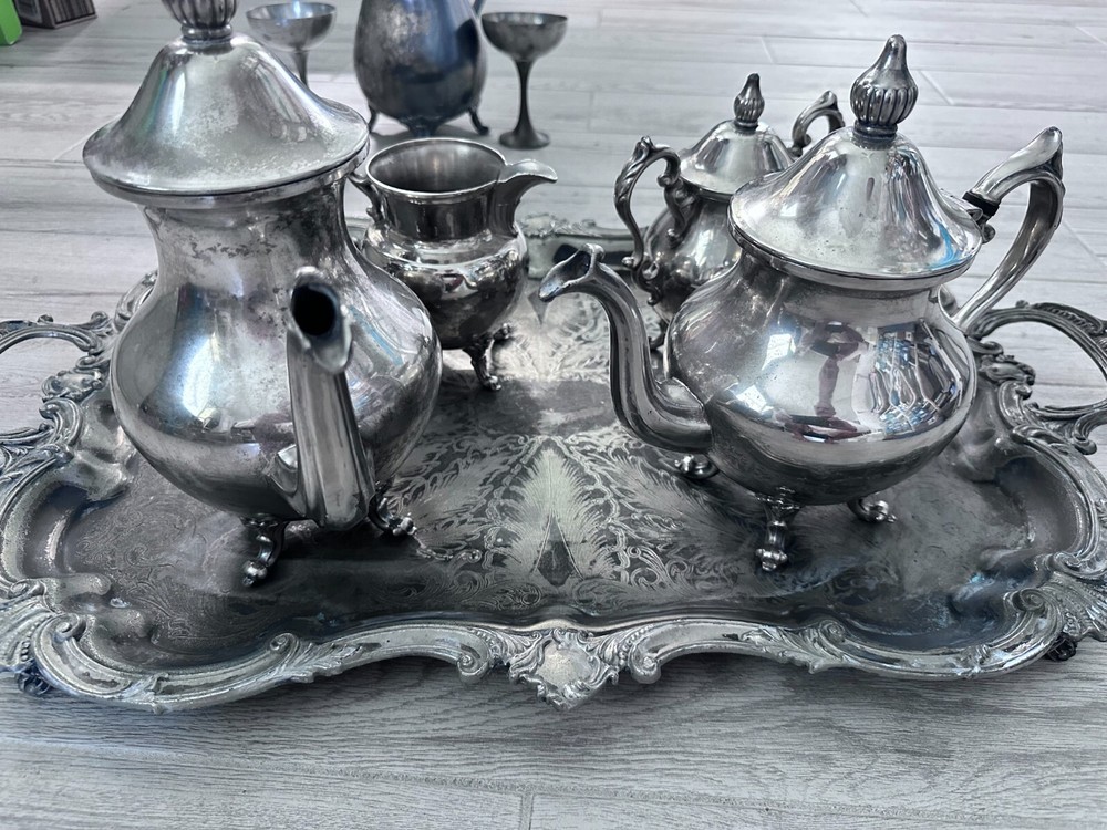Vintage Beautiful Silver on Copper Tea set 5 pcs., used, tray and vases.