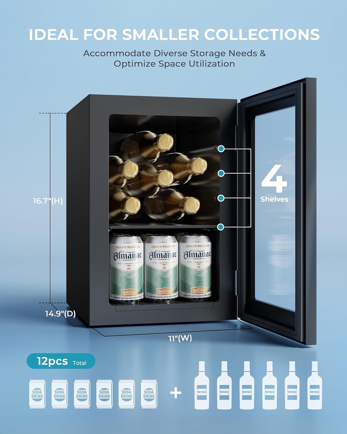 Beverage Cooler Mini Fridge Glass Door LED Light for Drinks Beer Wine Home Bar