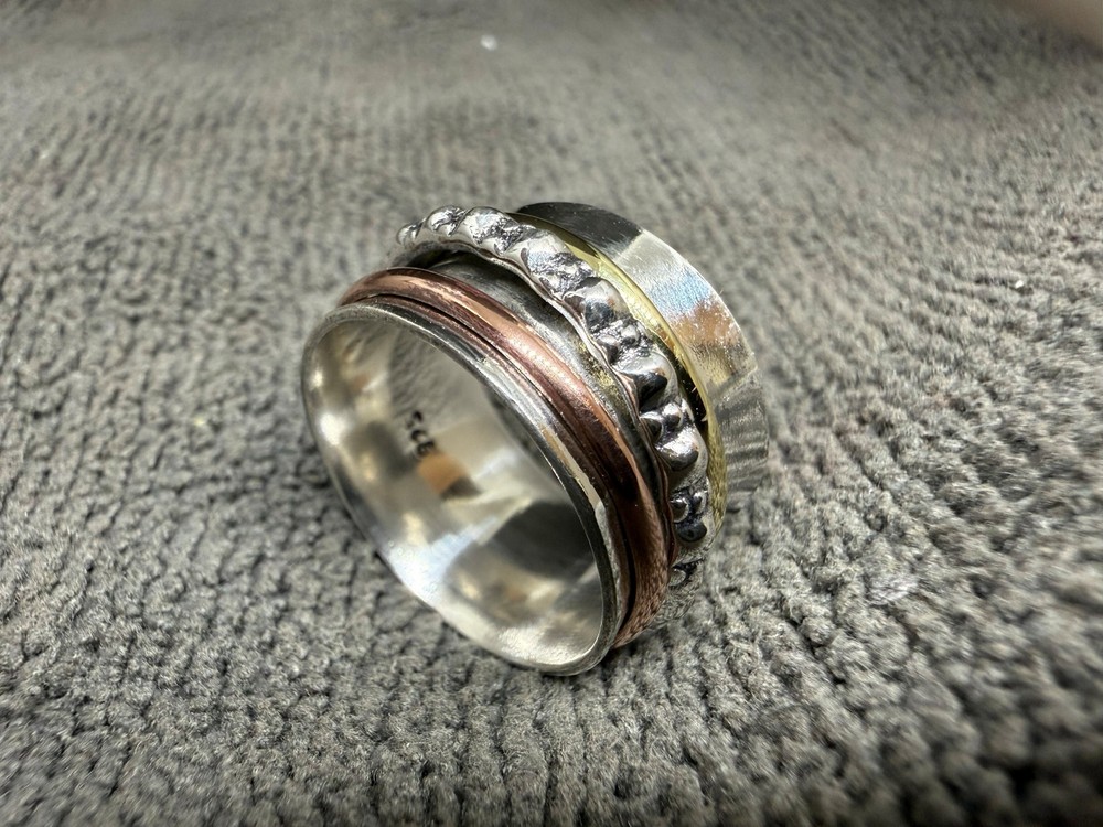 Solid 925 Sterling Silver Boho Multi-Metal Spinner Textured Fidget Band Ring