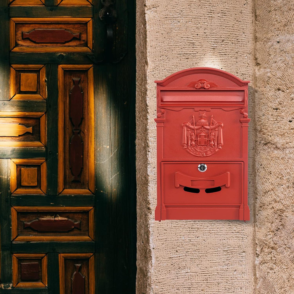 Rust-Resistant Locking Wall Mailbox - Vintage Red, Large Capacity Outdoor Decor