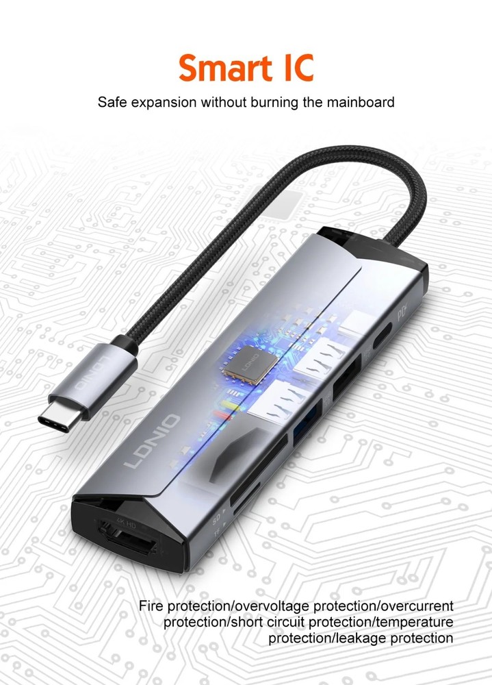 6 in 1 USB-C Multi-function Docking Station PD100W Type-C HDMI SD TF, 2x USB-A