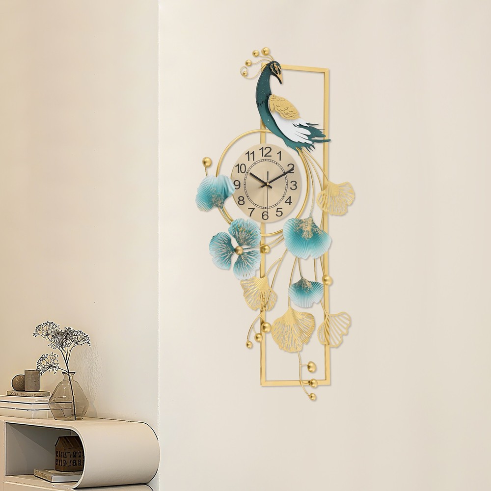 Peacock & Ginkgo Leaves Wall Clock, Modern Wall Clock