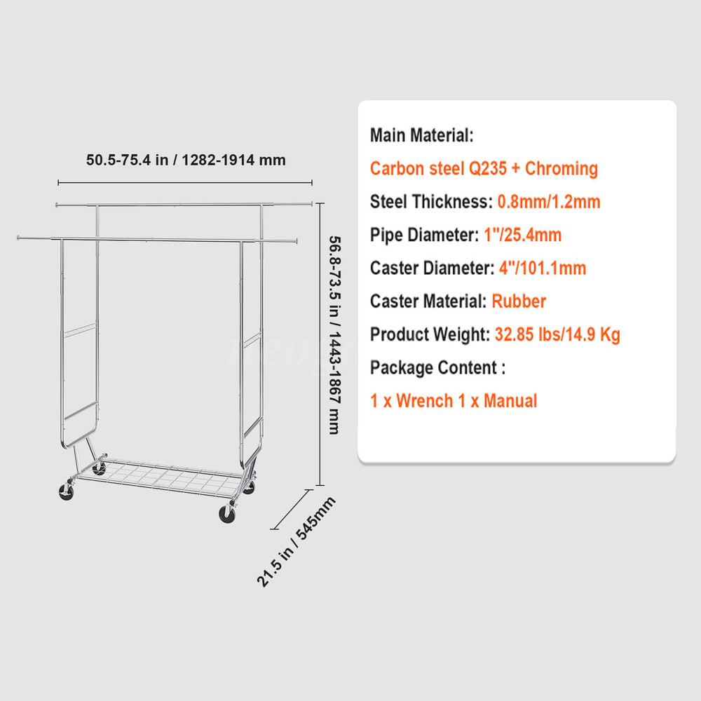 Mobile Coat Rack, Retractable Adjustable, Heavy Duty Chrome with Bottom Shelf