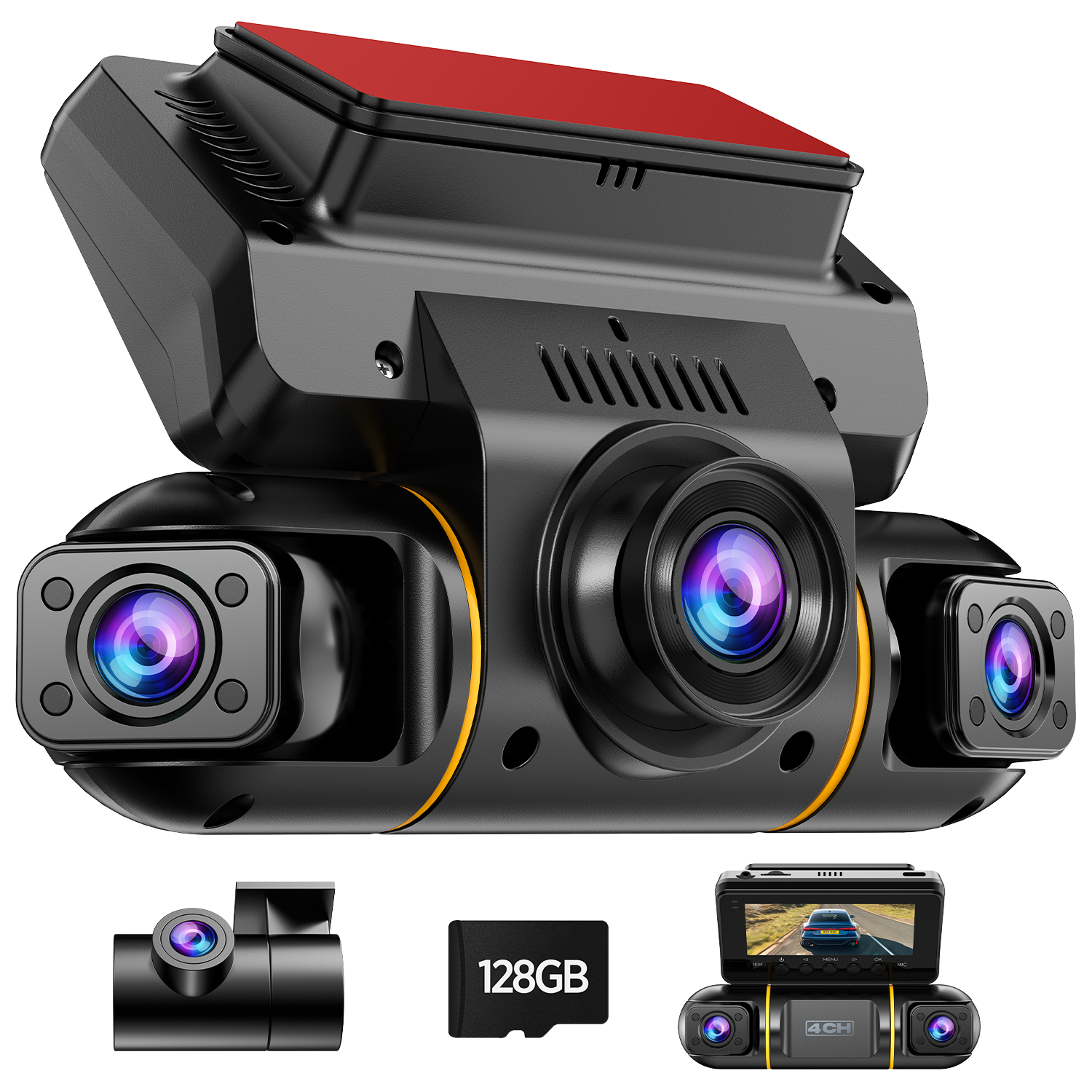 Dash Cam 4 Channel 360° Front Rear Inside DashCam, FHD 1080P Car Camera 128GB