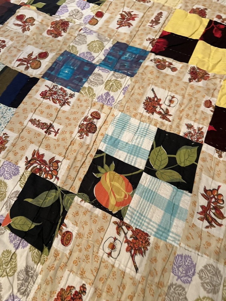 Vintage Handmade Cutter Quilt Small Blocks Patchwork 64” X 83” Tan Fruit READ