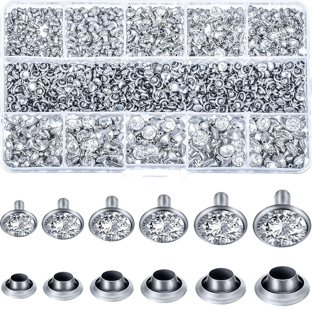 Rhinestone Rivets 600 Sets 6 Sizes White Clear Crystal Rapid Studs Silver