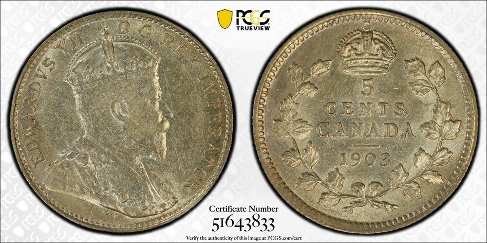 1903 (plain no H) Canada 5 Cent - PCGS AU 58