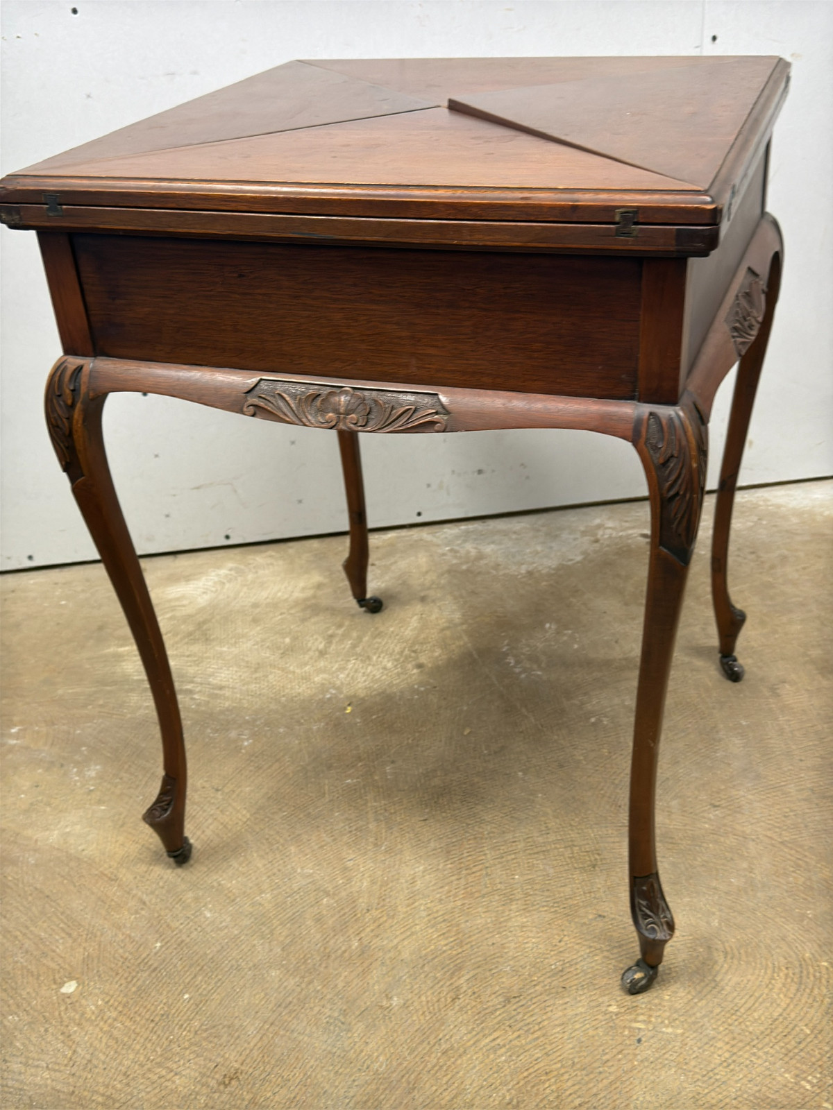 antique french walnut game table handkerchief carved stand card 1800s