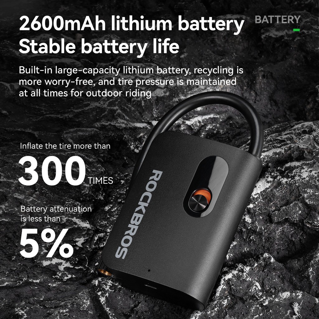 ROCKBROS Electric Pump Mini Bike Tire Pump 70PSI Portable 2600mAh Type-C Gravel