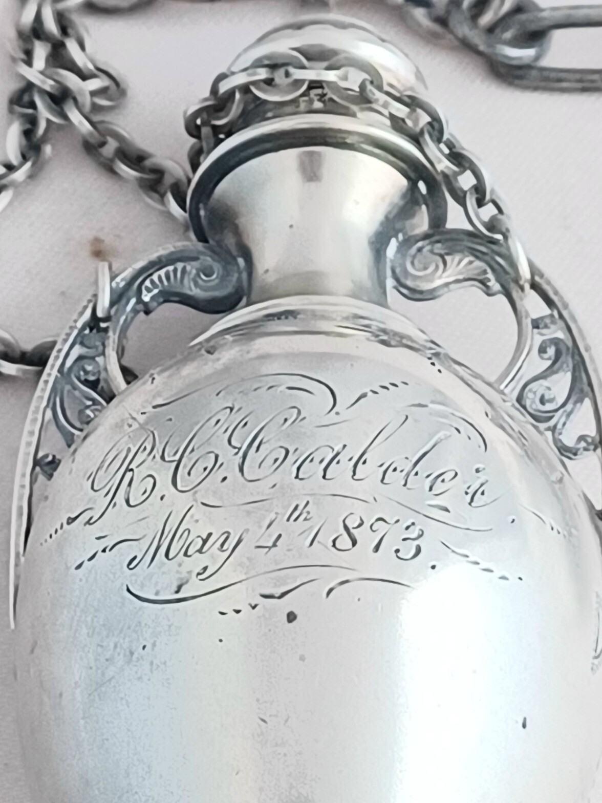 Great 1873 Hanging Sterling Chatelain w/ Scent Bottle