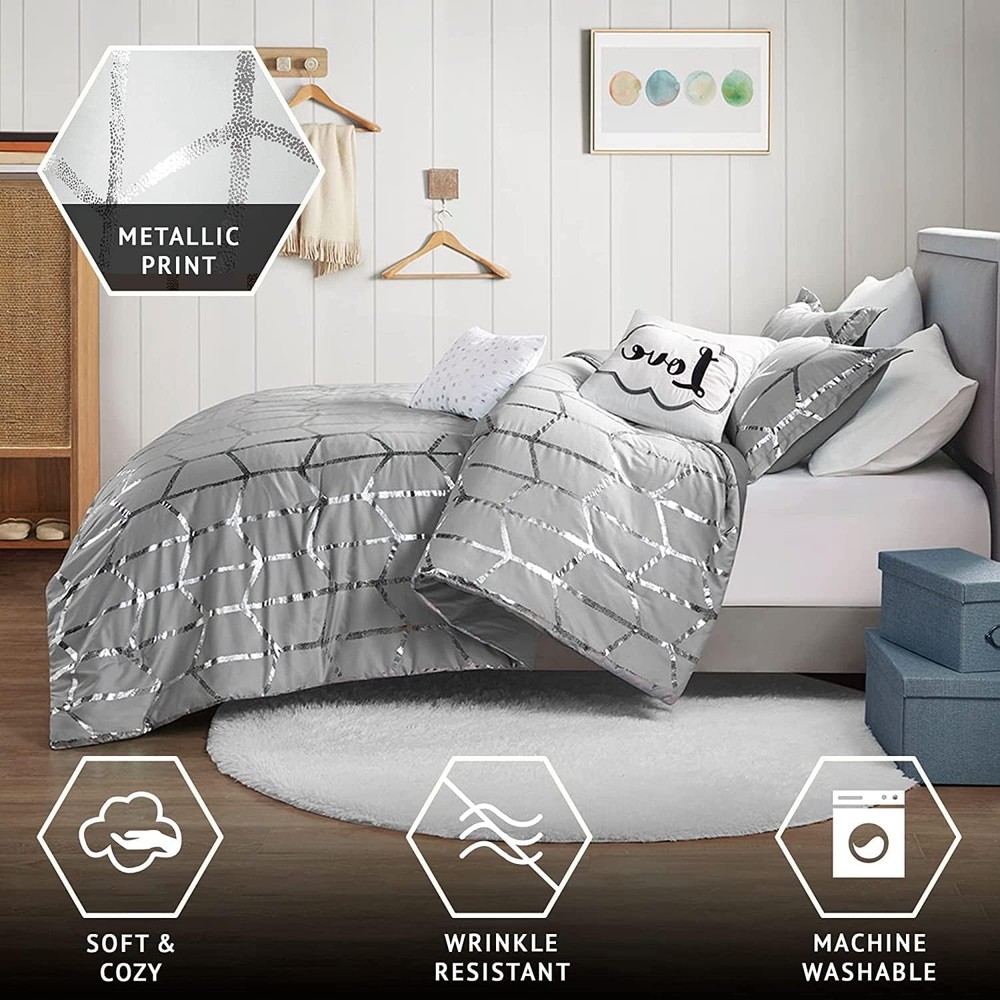Intelligent Design Raina Comforter Microfiber Metallic Print Geometric