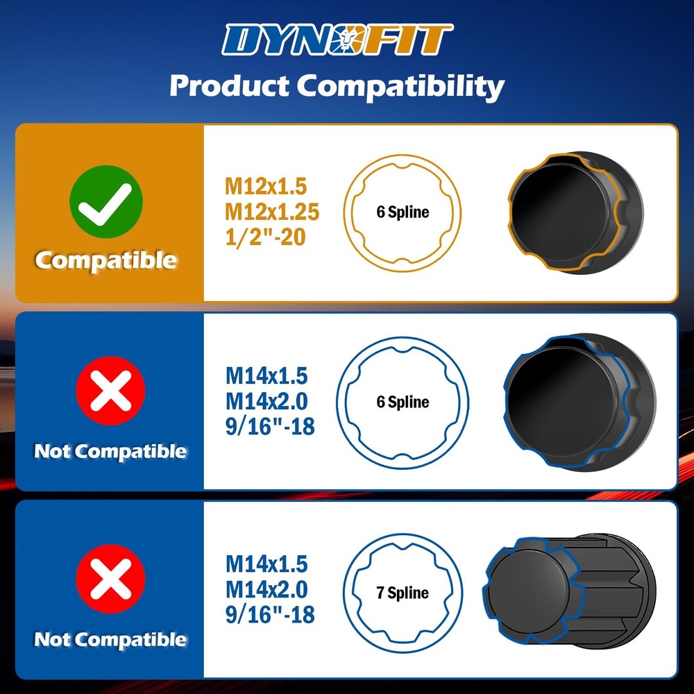 DYNOFIT 6 Point Spline Lug Nuts Key 6 with 1/2" Socket Drive, Black
