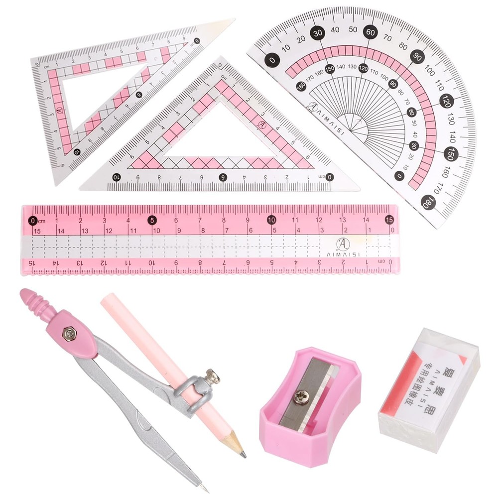 Compass Geometry Tool Protractor and Set with Metal Box Drawing Pink