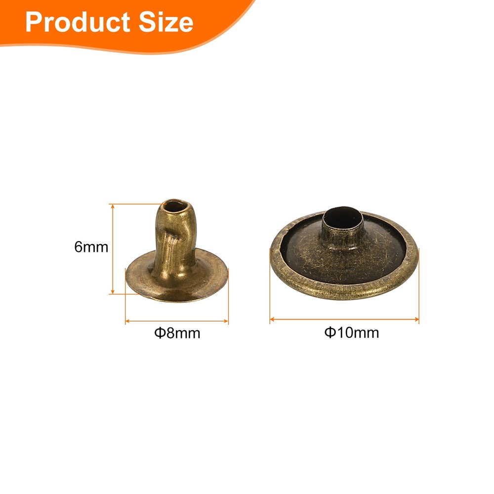 100Sets Single Cap Rivet 10mm Carbon Steel Round Head Snap Studs, Bronze