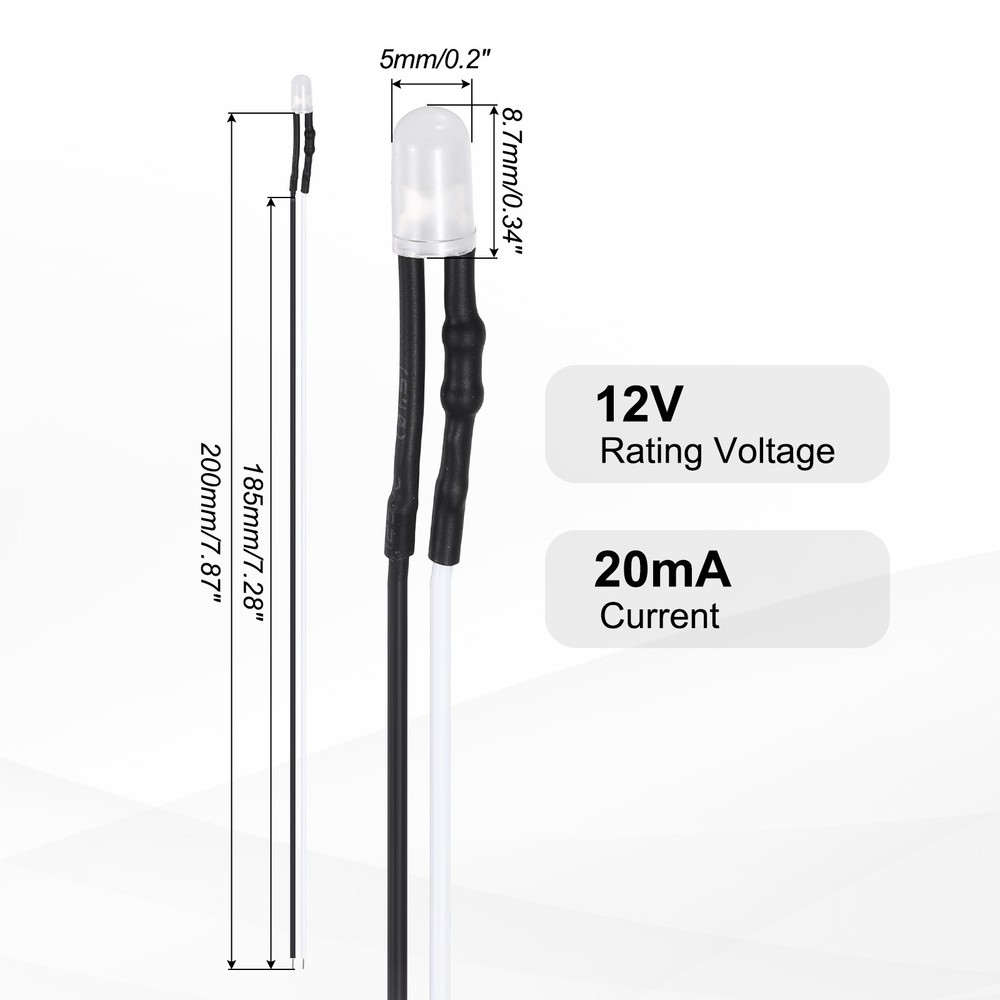 50pcs 5mm LED Diode Lights, Single Flash White Light DC 12V for Electronics
