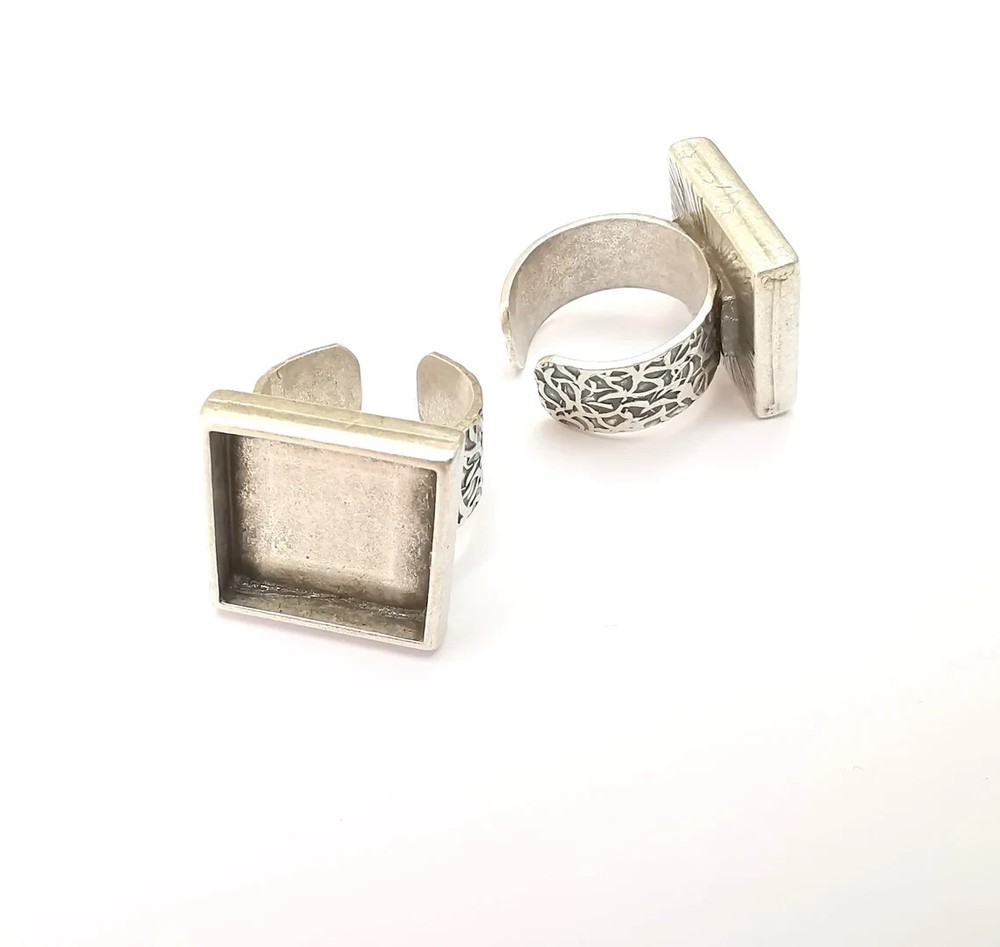 Square Antique Silver Ring Blank Settings, Cabochon Mounting Adjustable Resin