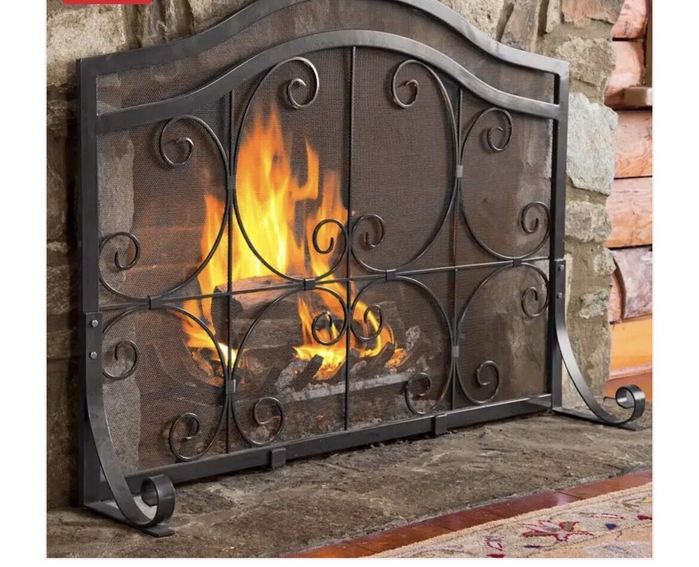 Plow & Hearth Small Crest Flat Guard Fireplace Screen, Solid Wrought Iron Frame