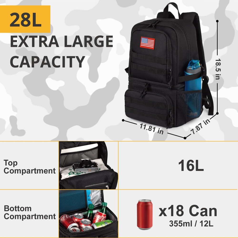 Tactical Double Deck Cooler Backpack for Men,Large Lunch Large, Black