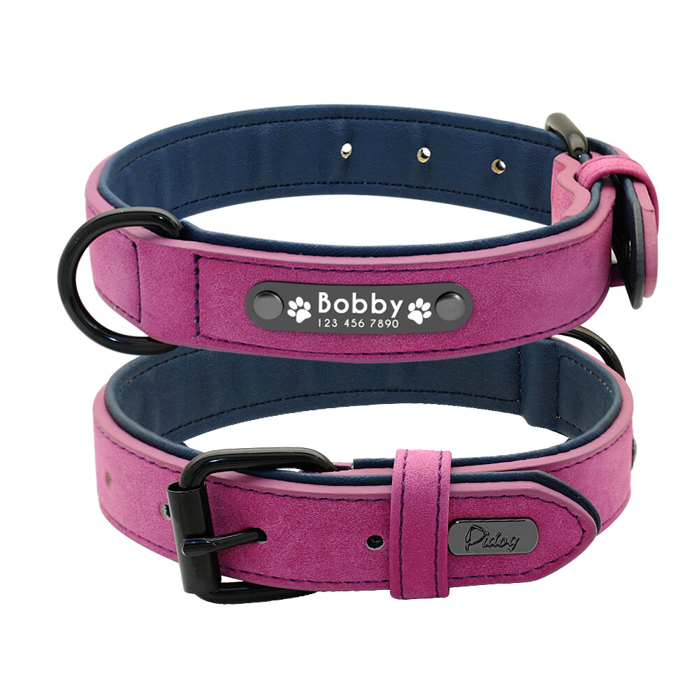 Soft Leather Personalized Dog Collar ID Tag Engraved for Small Medium Large Dogs