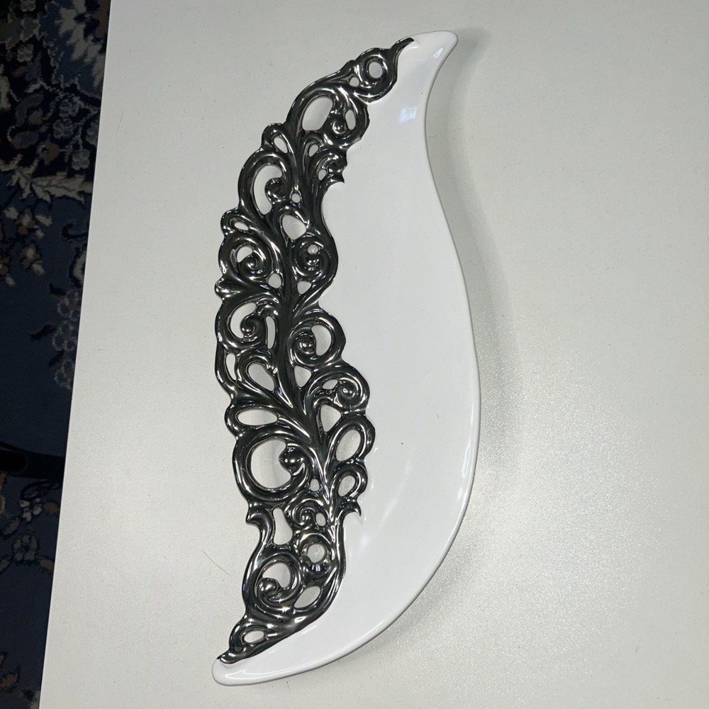 222 Fifth Heritage Leaf-Shaped Serving Platter – White with Metallic Scrollwork