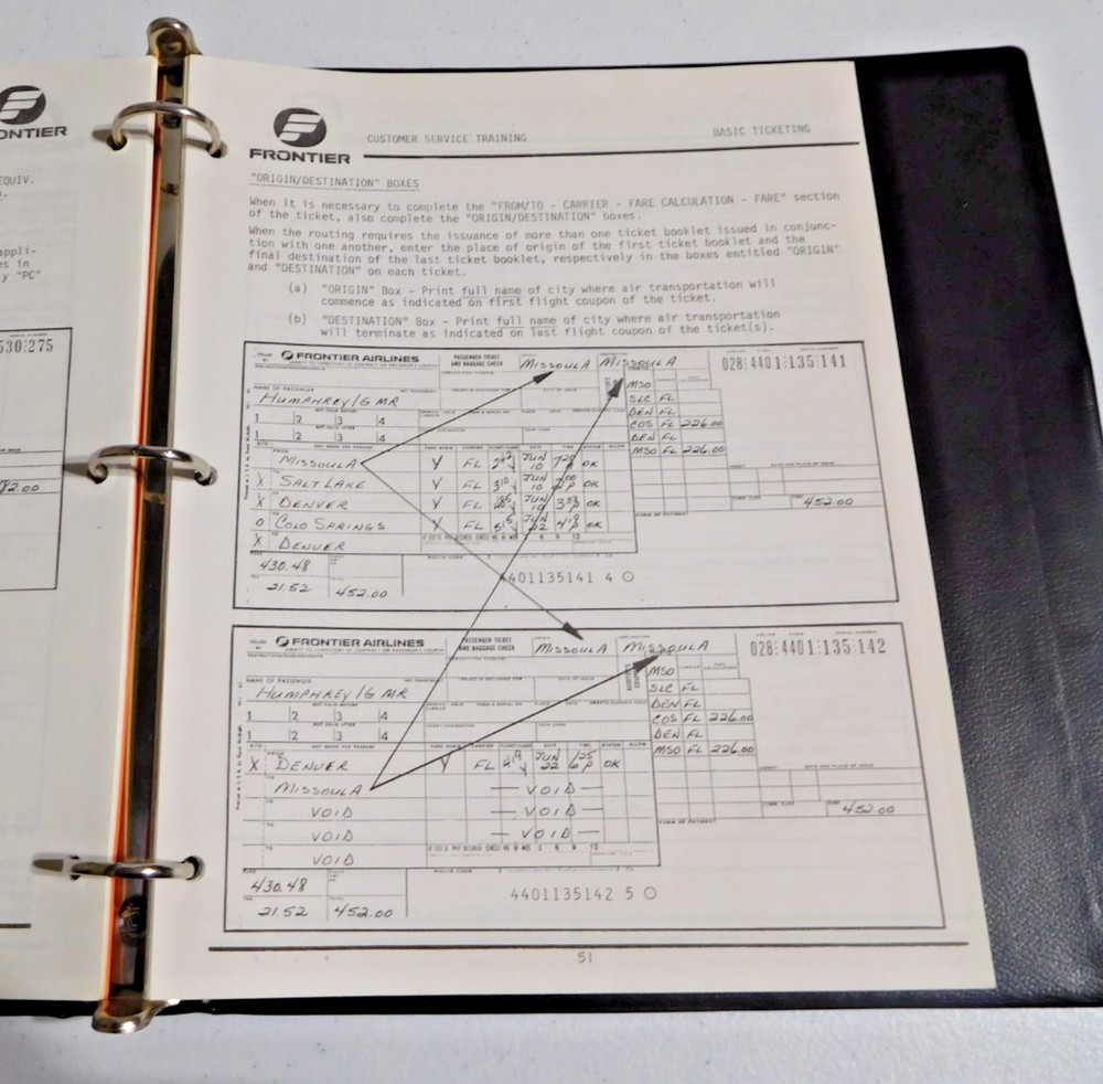 RARE VINTAGE FRONTIER AIRLINES 1982 BASIC TICKETING PROGRAMMED INSTRUCTION BOOK