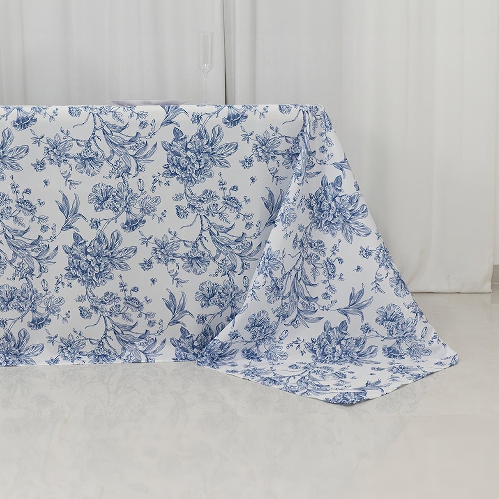 90" x 132" Blue French Toile Pattern Polyester Rectangular Tablecloth