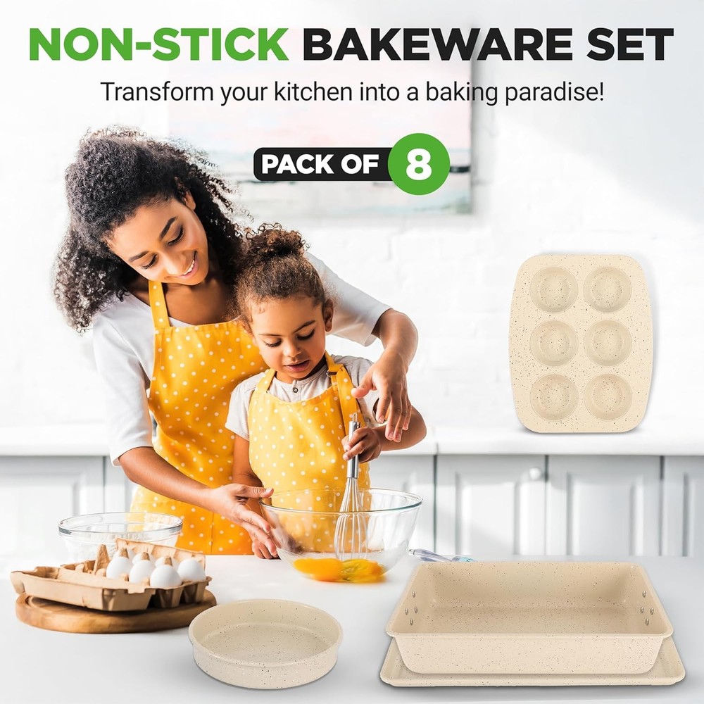 NutriChef 8PC Stackable Carbon Steel Nonstick Bakeware Set Marble Cream