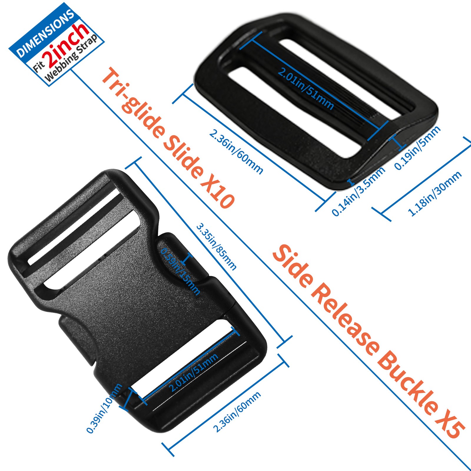 5Set Buckles for Nylon Webbing Straps 2" Quick Side Release Plastic Buckles Cli