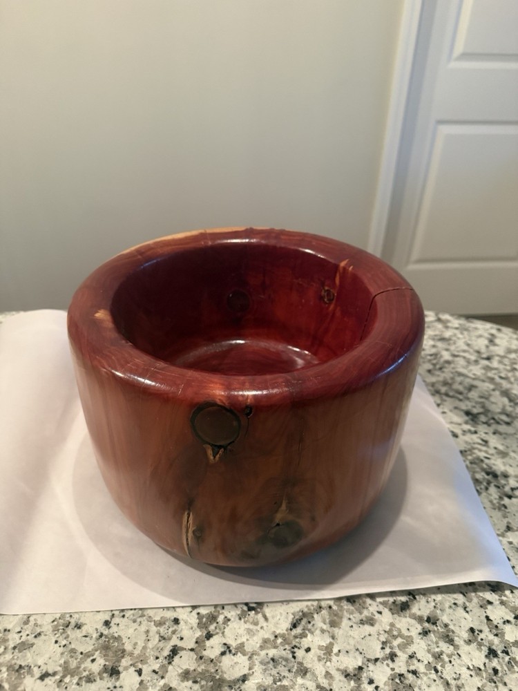 Hand Turned Cedar Wood Bowl Signed & Dated | Large Rustic Artisan Turned Bowl