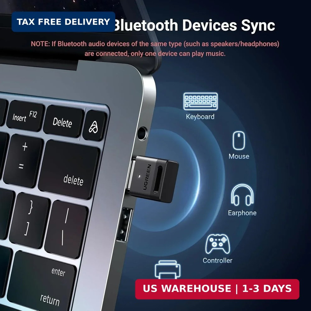 UGREEN USB Bluetooth 5.3 Adapter for PC, Plug & Play for Windows 11/10/8.1, Blue