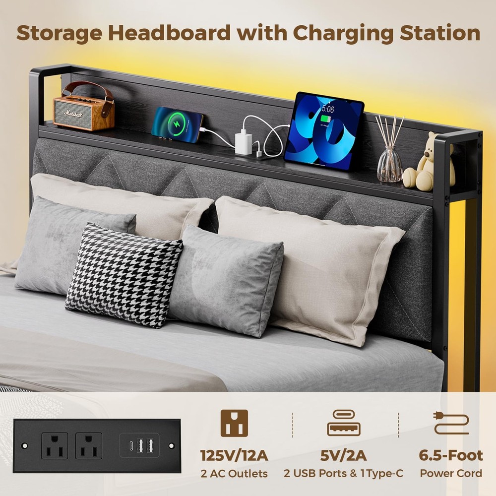 Bed Frame Full Size with Charging Station and Lights, Upholstered Storage Hea...