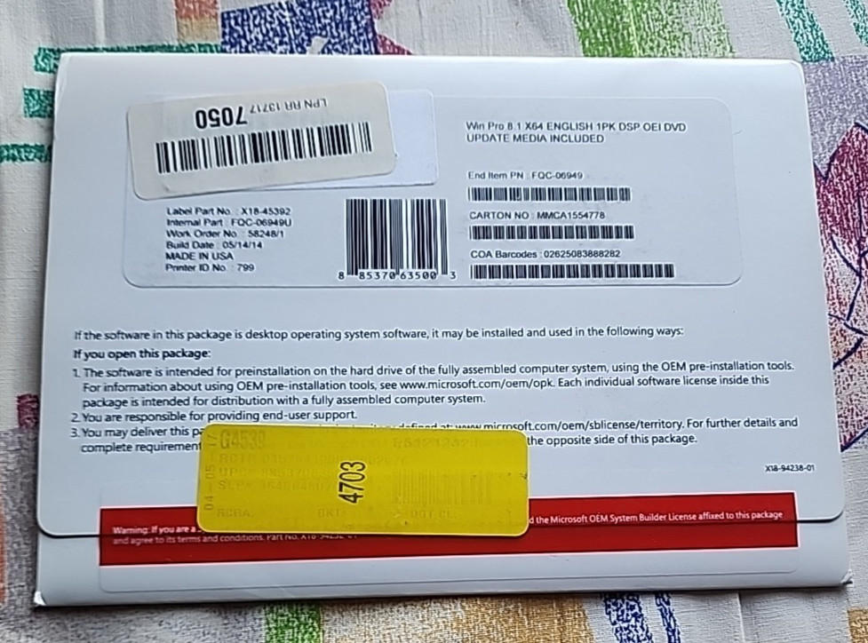 Microsoft Windows Pro 8.1 64 Bit Update Media Included