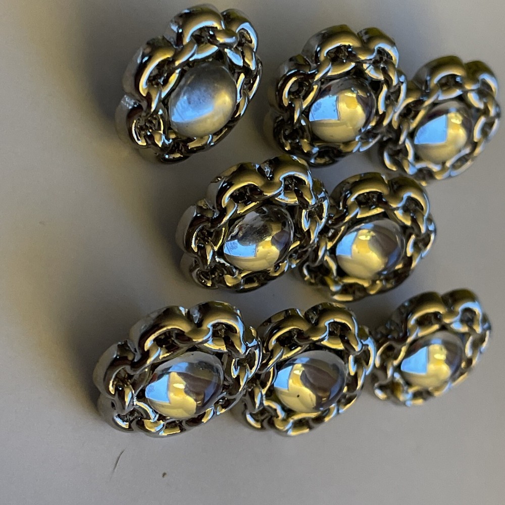 Set 8 Silver Tone Plastic Buttons Mirror Cabochon 5/8”