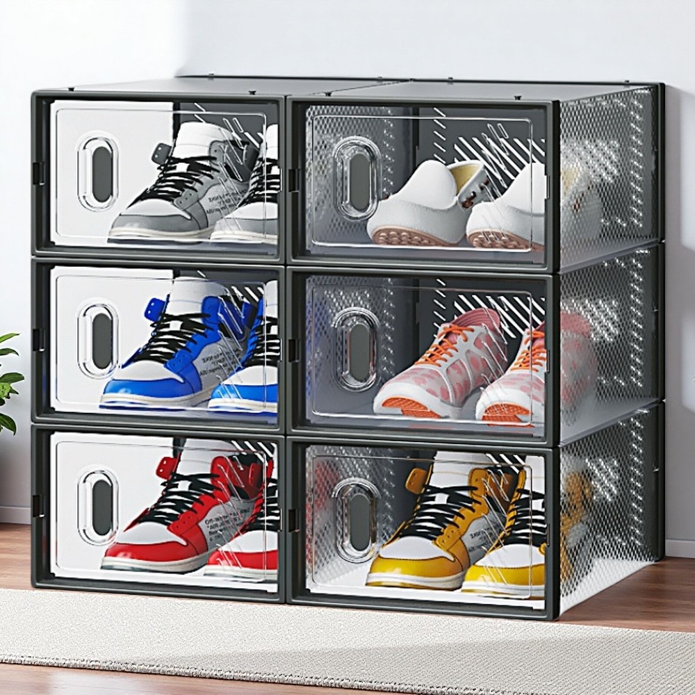 6-Pack Shoe Storage Boxes - Stackable, Plastic Mesh, Door, Black & Small Size