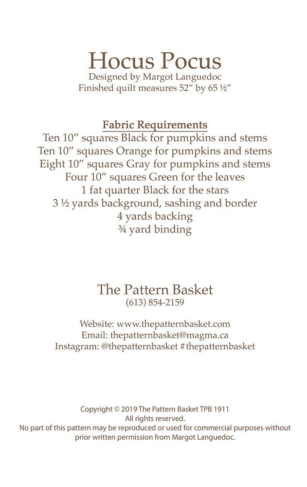 Hocus Pocus by The Pattern Basket ~ Halloween Fall Harvest Pieced Quilt Pattern