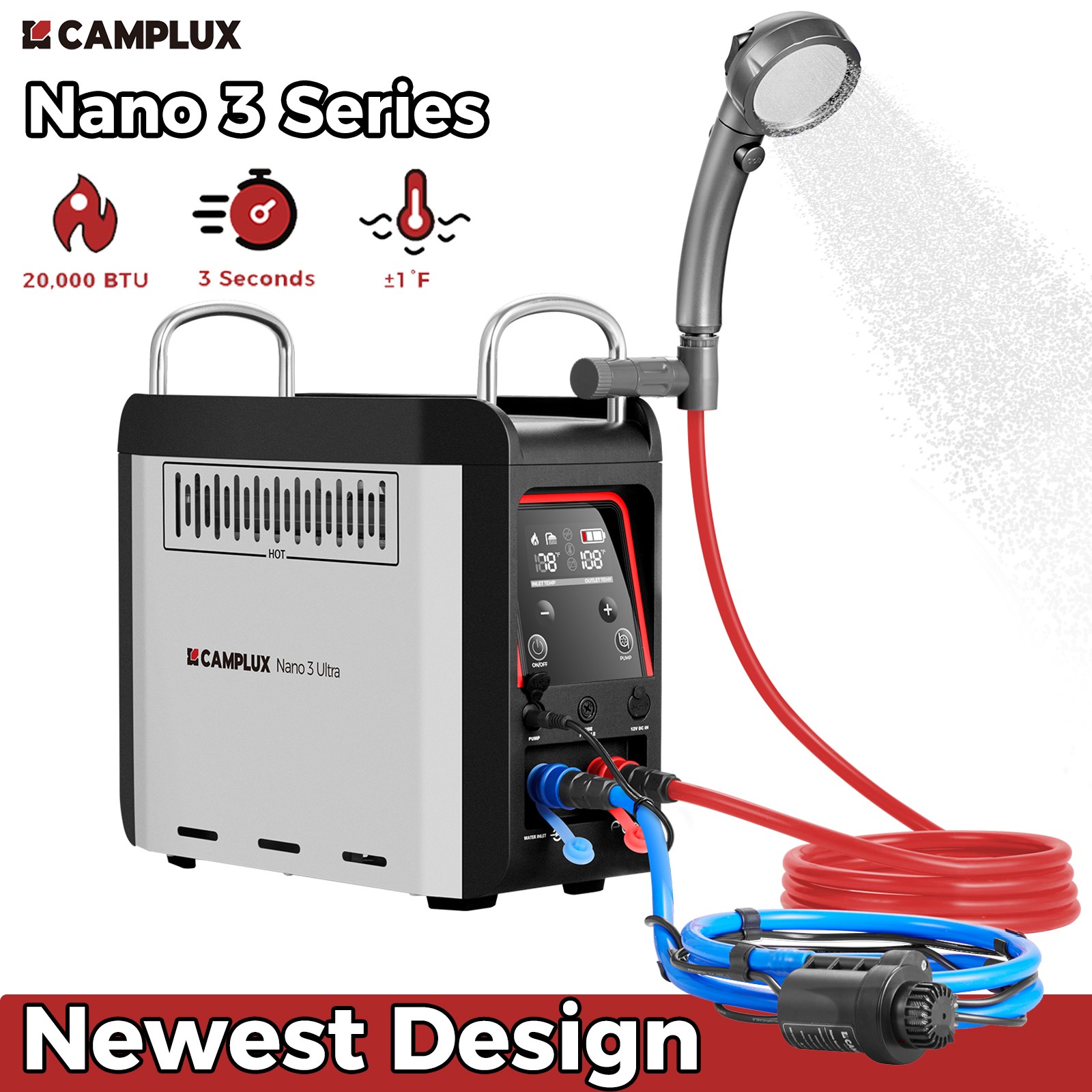 CAMPLUX 1 lb Propane Water Heater Table Top Carry Bag Camping Portable Shower