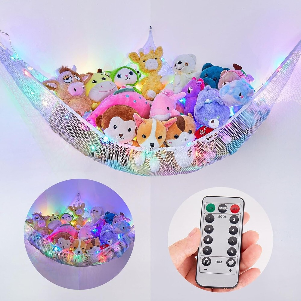 Triangular LED Toy Storage Hammock for Stuffed Animals - Space-Saving Corner Net