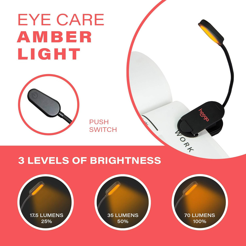 Amber Book Light, Rechargeable Clip-On Blue Light Blocking LED Reading Light, 16