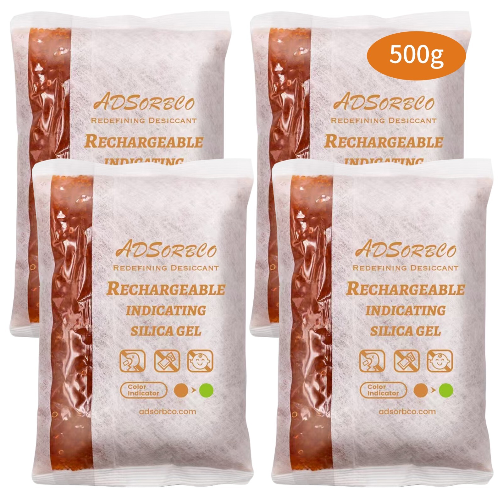 [500g 4p]Adsorbco Rechargeable Desiccant Packs, Indicating Silica Gel Packets