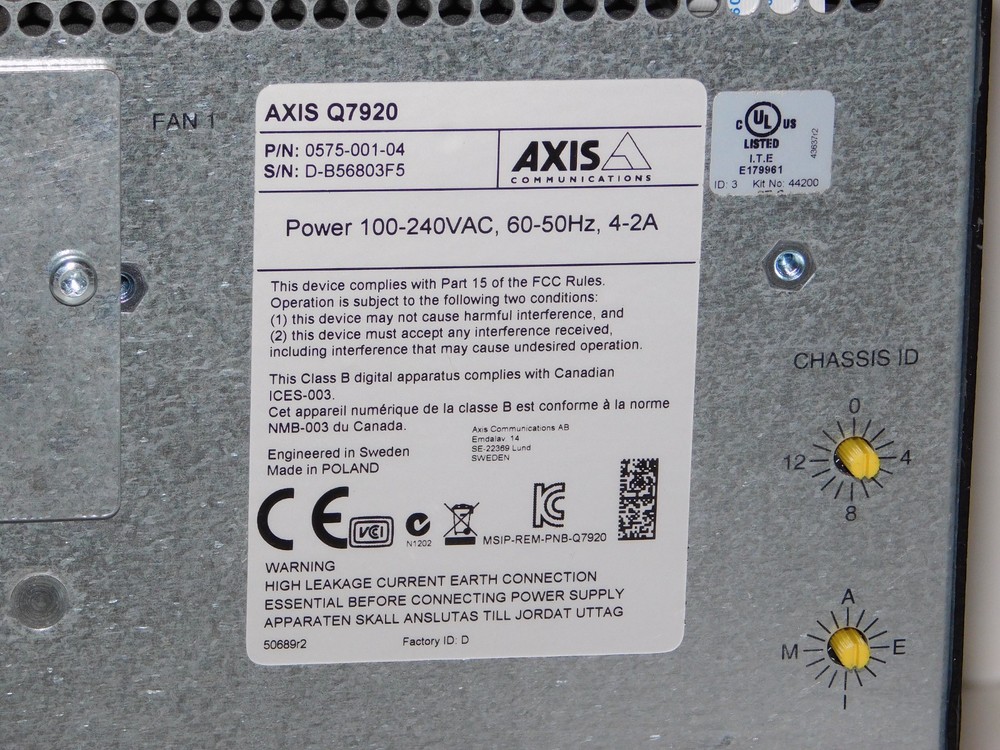 Axis Communications Q7920 Video Encoder Rack Mount Card Chassis Unit 0575-001-04